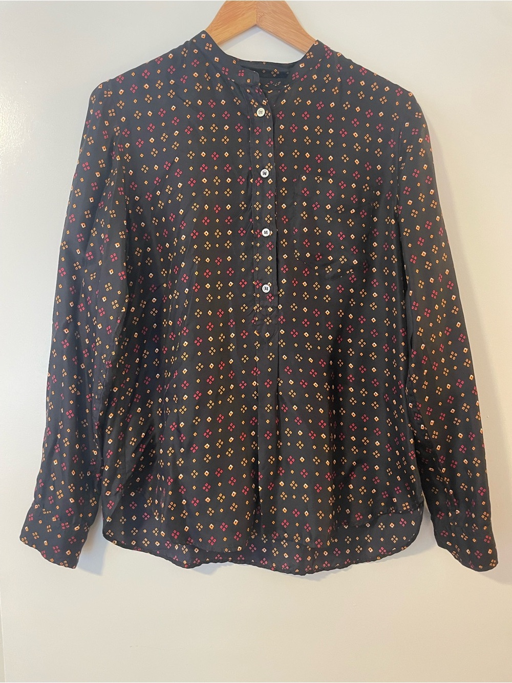 Isabel Marant Black Button-Front 100% silk Blouse with Pink and Tan Motif